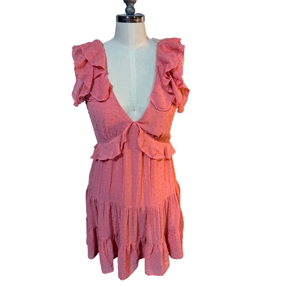 Trixxi Francesca's Dress Ruffle Tiered Swiss Dot Open Back Women's L Pink New